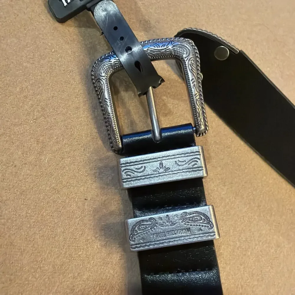 True Religion Mens Belt Palomo Western Theme Silver buckle 42